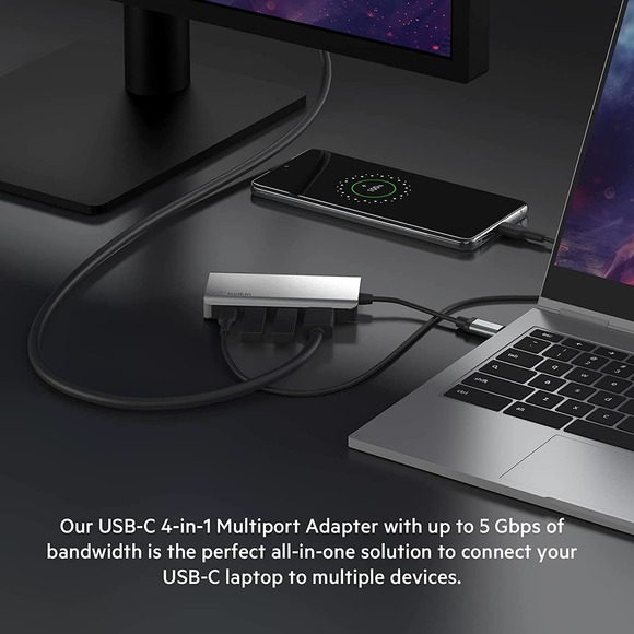 Belkin USB C Hub, 4-in-1 MultiPort Adapter Dock with 4K HDMI, USB-C 100W PD Pass - Picture 2 of 3
